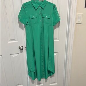Karl Lagerfeld Green High-Low Puff Sleeve Shirt Dress